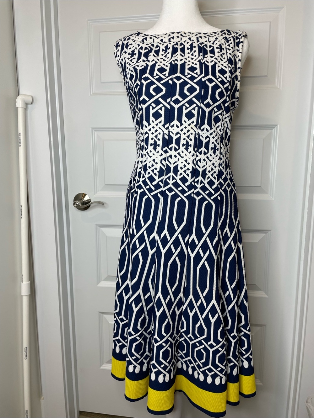 Haani Navy and White Geometric Knit Midi Dress with Yellow Hem Size Small